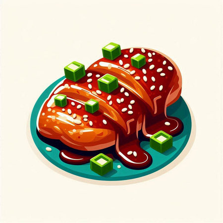 Baked salmon with sesame seeds on a plate. Vector illustration.