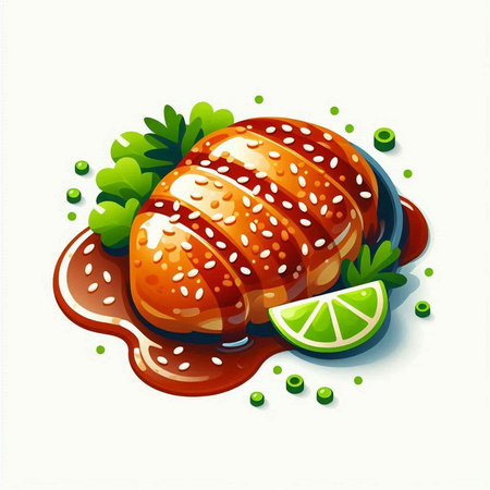 Illustration of a salmon steak with sauce and lime on a white backgroundの写真素材