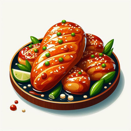 Illustration of a plate of Sesame Chicken with Sesame Seeds
