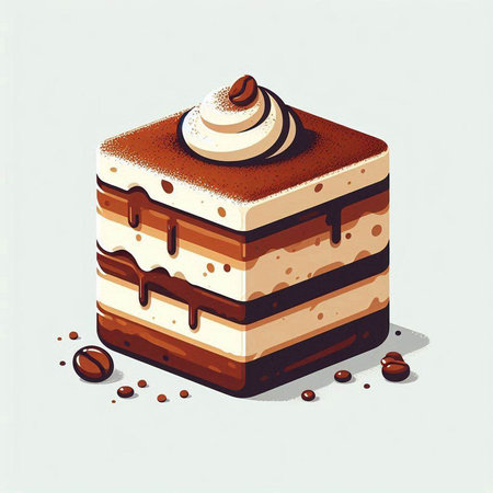 Coffee cake with cream and coffee beans. Vector illustration.