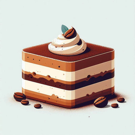 Piece of chocolate cake with whipped cream and coffee beans. Vector illustration.