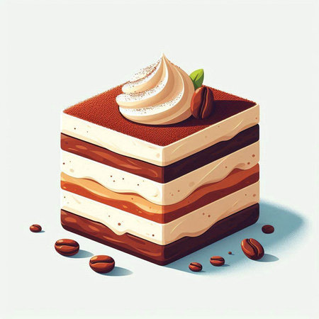 Illustration of a piece of cake with whipped cream and coffee beans