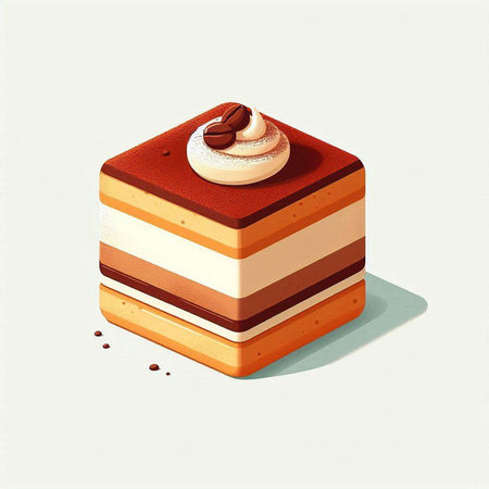 Illustration of a slice of cake with coffee beans on a white backgroundの写真素材