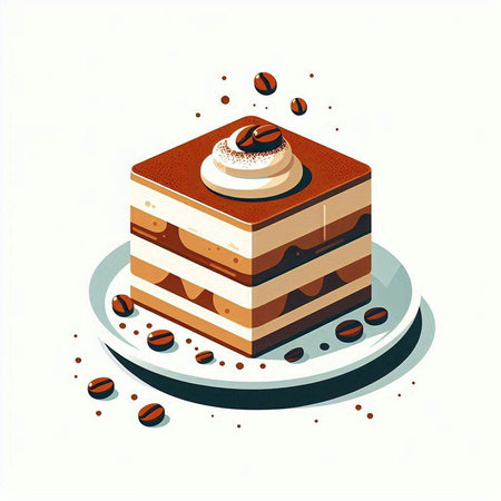 Isometric vector illustration of a tiramisu cake with coffee beans