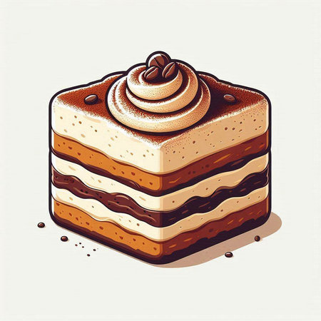 vector illustration of a piece of cake with whipped cream and coffee beans