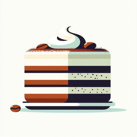 Vector illustration of a piece of cake with whipped cream and coffee beans