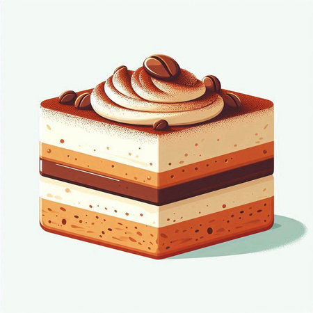 Illustration of a piece of cake with cream and chocolate on a white background