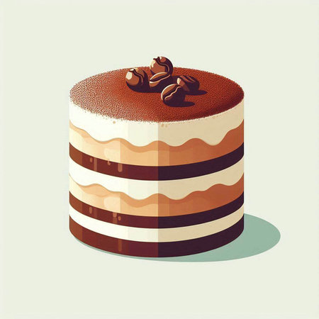 Illustration of a chocolate cake with coffee beans on a light background