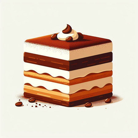 Vector illustration of a chocolate cake with whipped cream and coffee beans.