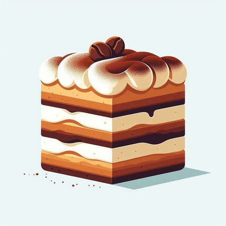 Illustration of a piece of cake with cream and coffee beans.