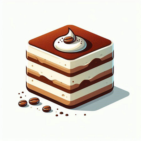 Illustration of a tiramisu cake and coffee beans on a white background