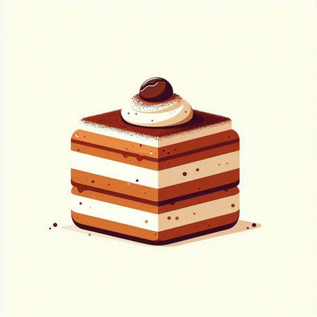 Illustration of a tiramisu cake with whipped cream and chocolate