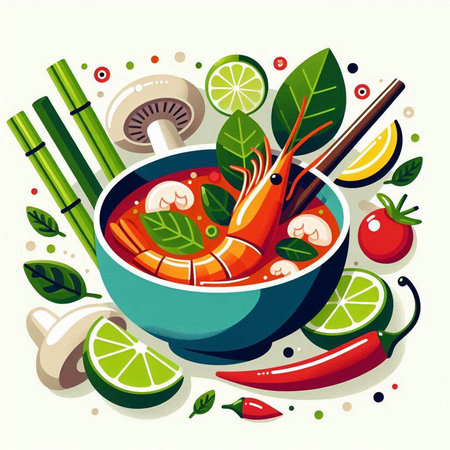 Tom Yum soup with shrimps and vegetables, vector illustration