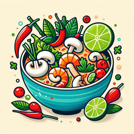 Vector illustration of a bowl with shrimps, vegetables and herbs.