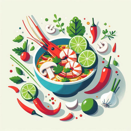 Tom yum soup in bowl with shrimp and vegetables, vector illustration