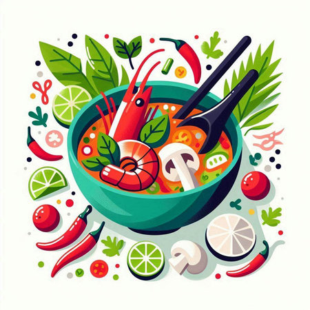 Tom Yum Goong. Traditional Thai Cuisine. Vector illustration