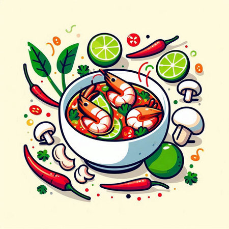 Illustration of spicy soup with shrimps, mushrooms and lime