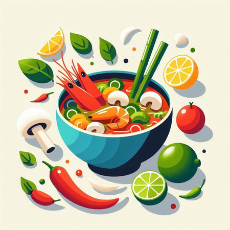 Seafood soup in a bowl with ingredients for cooking. Vector illustration.