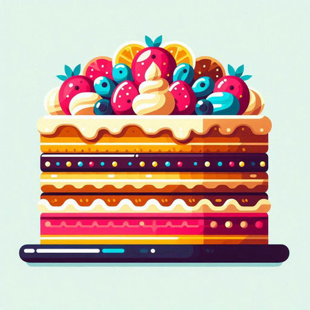 Colorful cake with cream and fruits. Vector illustration in retro style