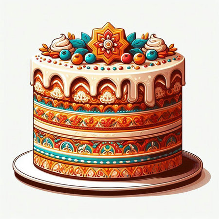 Illustration of a birthday cake decorated with flowers and fruits on a white background