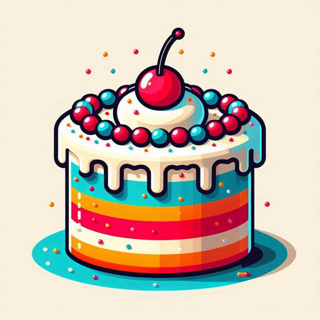 Cake with cream and cherry. Vector illustration in cartoon style.の写真素材