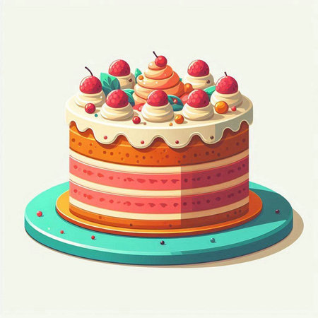 Birthday cake with cream and raspberries. Vector illustration.