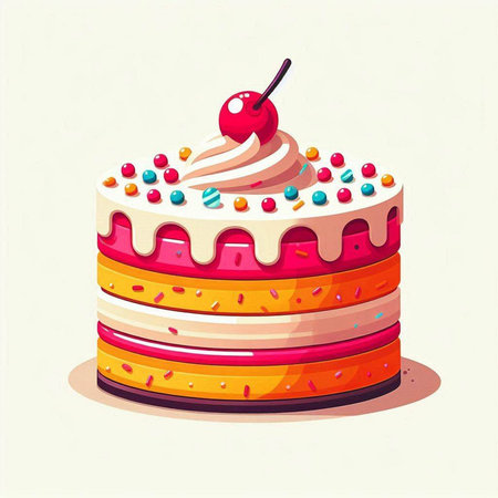 Illustration of a cake with a cherry on top, vector illustration