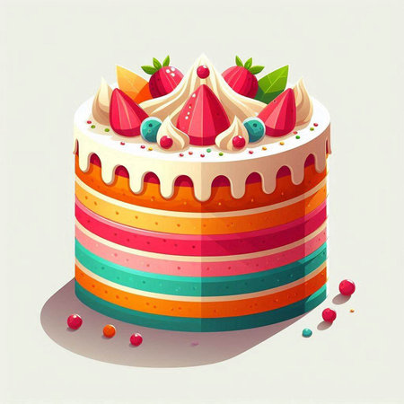 Birthday cake with cream and berries on a light background. Vector illustration.