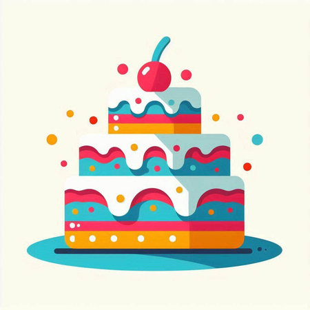 Birthday cake with cherry on top, vector illustration in flat style