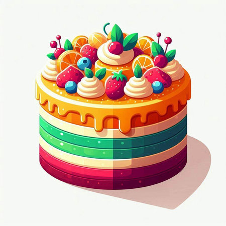 Fruit cake decorated with whipped cream and fruits. Vector illustration.