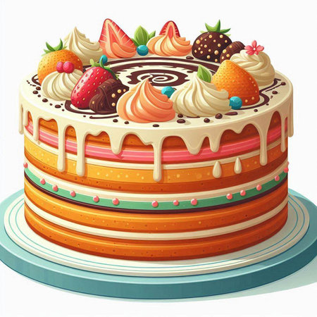 Illustration of a cake with cream and strawberries on a white background