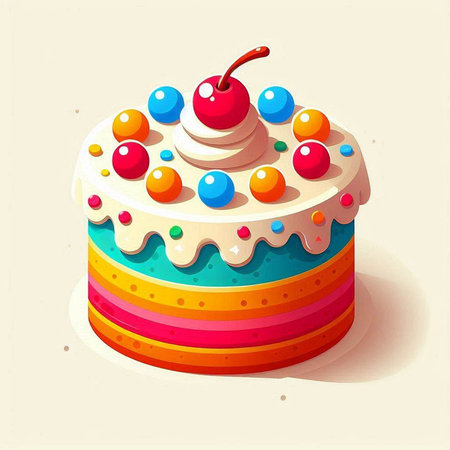 Illustration of a colorful cake with cherries on a light background
