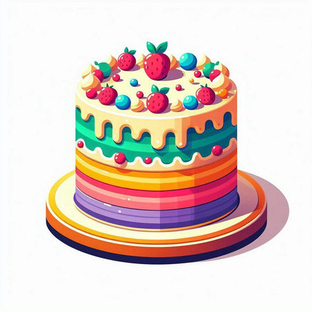 Colorful birthday cake with strawberries and blueberries. Vector illustration.