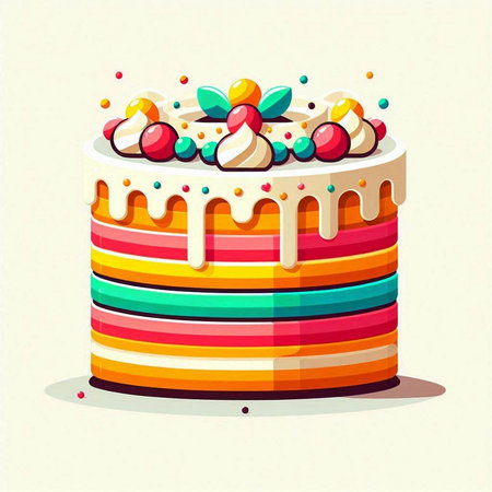 Birthday cake with colorful stripes and sprinkles, vector illustration.