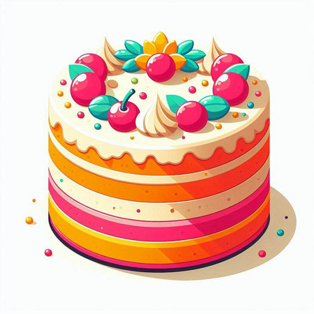 Birthday cake with cherries and whipped cream. Vector illustration.