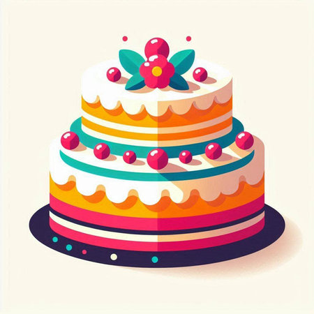 Birthday cake with berries and icing. Vector illustration in flat style