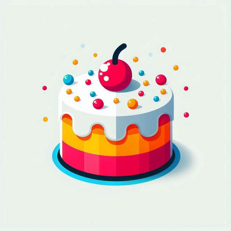 Birthday cake with cherries and sprinkles. Vector illustration.