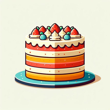 Cake with cream and berries. Vector illustration in retro style.