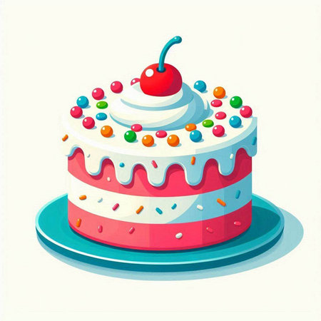Illustration of a colorful cake with cherries on a white background