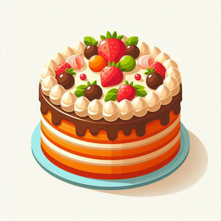 Birthday cake with strawberries, cherries and chocolate, vector illustration