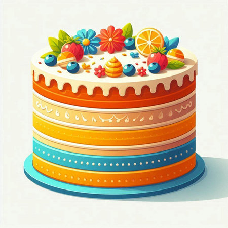 Birthday cake with fruits and berries on a light background. Vector illustration.