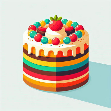 Cake with colorful cream and berries. Vector illustration in cartoon style.