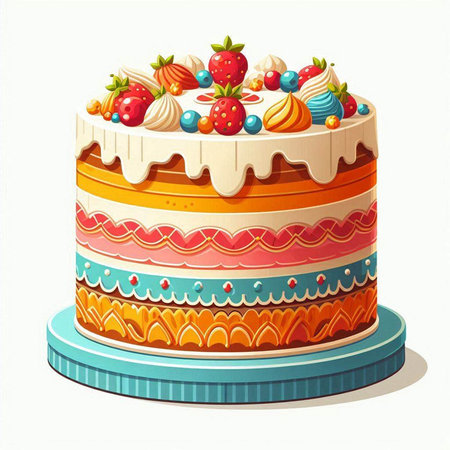 Illustration of a colorful cake with strawberries and blueberries on a white background