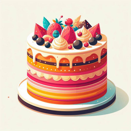 Birthday cake with cherry and colorful sprinkles. Vector illustration.