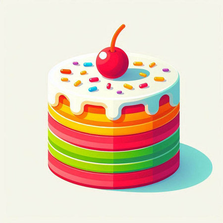 Colorful cake with berries and whipped cream. Vector illustration for your design