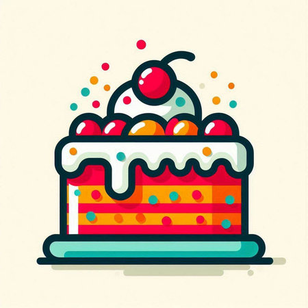 Birthday cake with cream and cherry on top. Vector illustration.