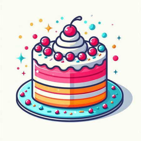 Birthday cake with cream and cherry on top, vector illustration.