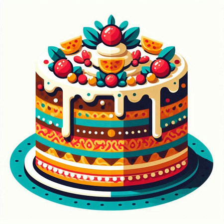 Birthday cake decorated with berries. Vector illustration in cartoon style.