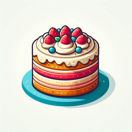 Illustration of a cake with strawberries and blueberries. Vector illustration.