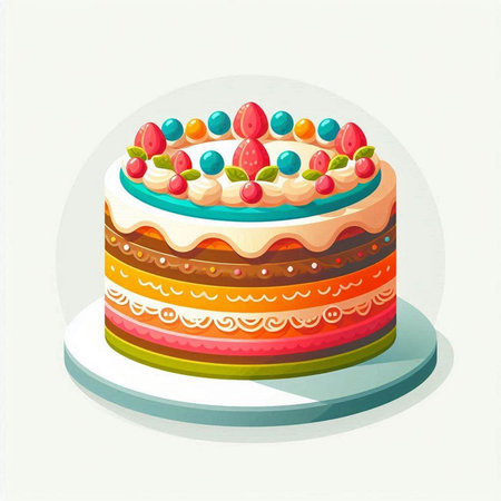 Colorful cake with berries. Vector illustration of a birthday cake.